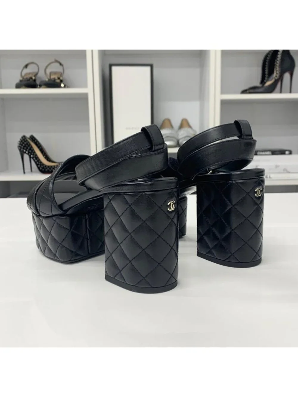 Chanel CC Logo Leather Quilted Strap Sandals Black